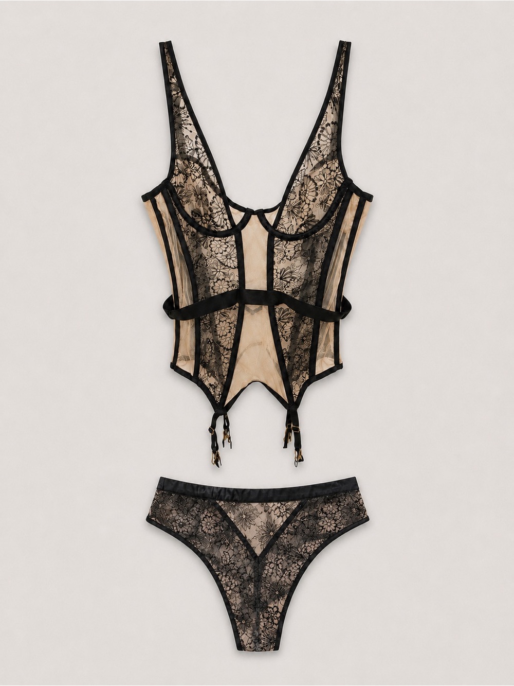 Victoria's Secret Black & Nude Floral Lace Crystal Set ✨🖤